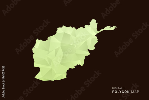 Afghanistan Map - Low poly polygon map in soft light green gradient on dark brown background, modern minimal geometric style, clean abstract vector illustration design.