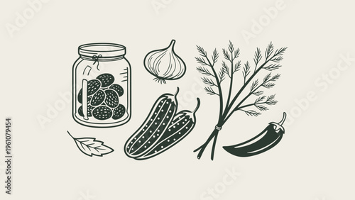 Hand-Drawn Pickling and Fermentation Vector Icon Set - Minimalist Cucumber, Garlic, and Mason Jar Illustrations