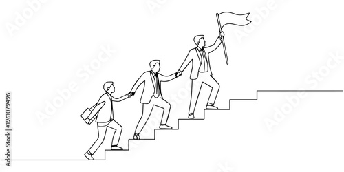 A cartoon illustration of groups of people including families, friends, and children walking, running, and moving on stairs together in a lively scene
