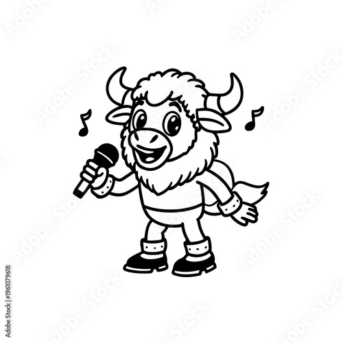 A cartoon illustration of a happy bull character singing into a microphone with musical notes around its head.