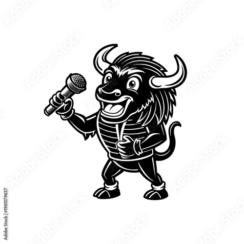 A black and white cartoon illustration of a happy bull character holding a microphone and wearing a striped shirt.