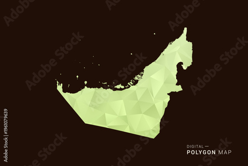 United Arab Emirates Map - Low poly polygon map in soft light green gradient on dark brown background, modern minimal geometric style, clean abstract vector illustration design.