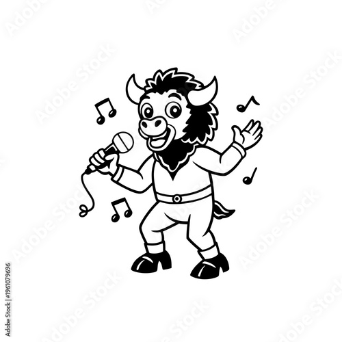 A cartoon bison mascot happily singing into a microphone with musical notes floating around, depicted in a black and white line art style.