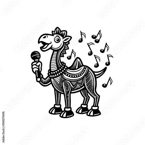 A black and white cartoon illustration of a happy camel singing into a microphone with musical notes floating around it.