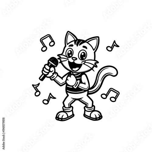 A cheerful cartoon cat character singing into a microphone with musical notes, black and white line art illustration.