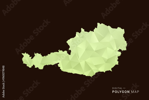 Austria Map - Low poly polygon map in soft light green gradient on dark brown background, modern minimal geometric style, clean abstract vector illustration design.