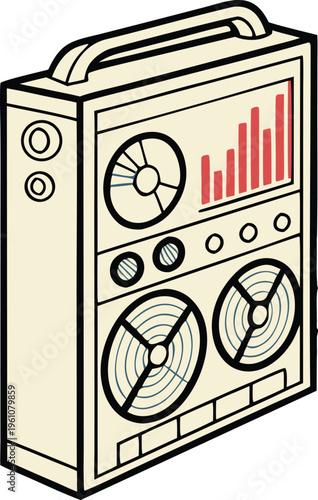 Vintage reel-to-reel tape recorder vector illustration, retro analog audio equipment with sound level bars, classic studio recording device