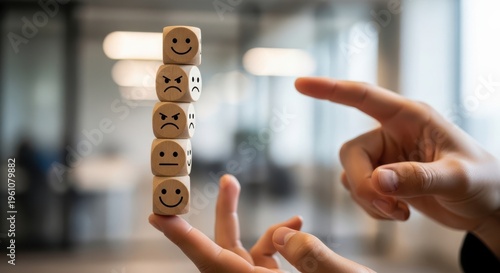 Fingers balancing wooden cubes with emotion icons to demonstrate mental stability and emotional regulation for stock photography and commercial use projects
