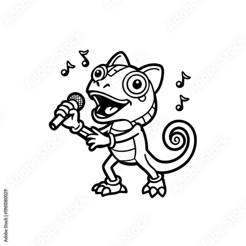 Black and white cartoon illustration of a happy chameleon singing into a microphone with musical notes floating around.