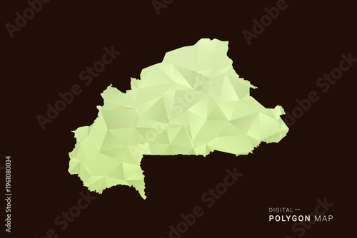 Burkina Faso Map - Low poly polygon map in soft light green gradient on dark brown background, modern minimal geometric style, clean abstract vector illustration design.