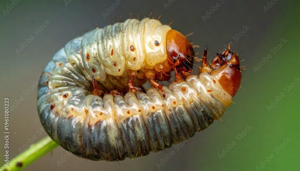Naklejka premium Caterpillar on Leaf Closeup Macro View.