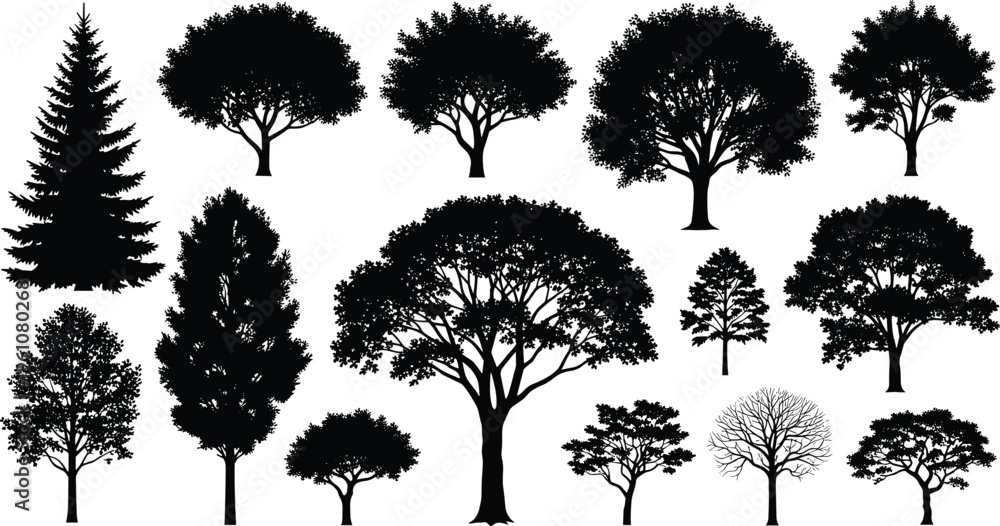 Fototapeta premium Black tree silhouettes collection featuring oak, pine, maple, and forest species for landscape design, nature environment, ecology, outdoors, and architectural visualization.
