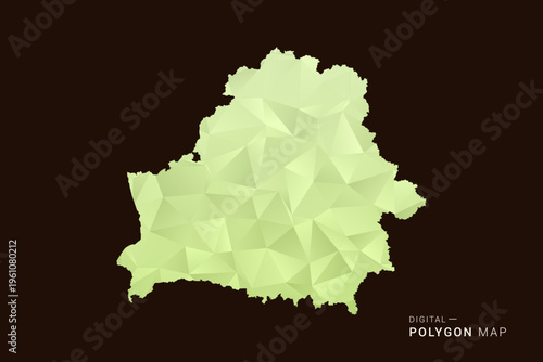 Belarus Map - Low poly polygon map in soft light green gradient on dark brown background, modern minimal geometric style, clean abstract vector illustration design.