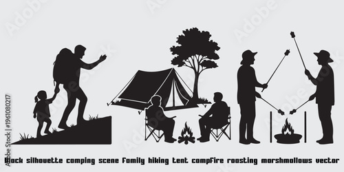 Black silhouette camping scene family hiking tent campfire roasting marshmallows vector art
