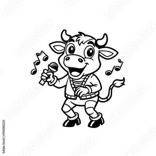 Black and white cartoon illustration of a happy cow singing into a microphone with musical notes floating around.