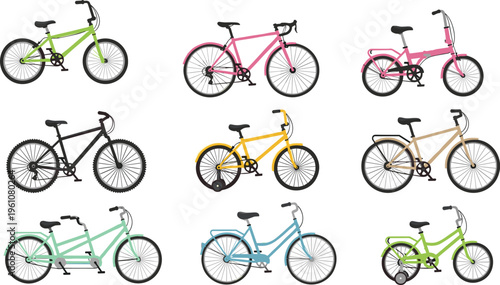 Collection of colorful cartoon bicycle illustrations including road bikes, mountain bikes, tandem bikes, and children’s bikes, perfect for transportation, recreation, education, fitness, and creative 