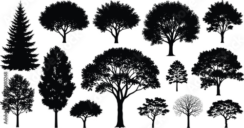 Black tree silhouettes collection featuring oak, pine, maple, and forest species for landscape design, nature environment, ecology, outdoors, and architectural visualization.