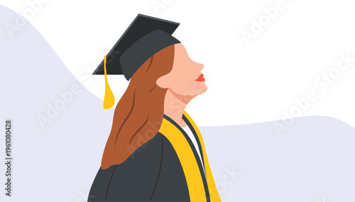 Side view of female graduate looking up with hope illustration. Young woman in graduation gown and mortarboard cap. Flat vector character for academic achievement.