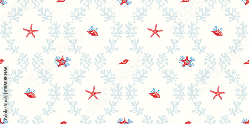 Coastal, beach, seaside home decor concept, marine life, nautical seamless pattern. Red starfish, shell on white background with pale blue coral lattice motif. Summer texture for stationery project