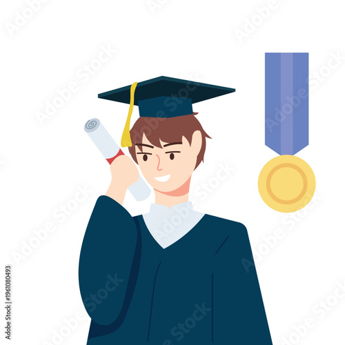 Male graduate holding diploma scroll with gold medal icon. Happy university student in graduation gown and cap. Flat vector illustration of academic achievement.