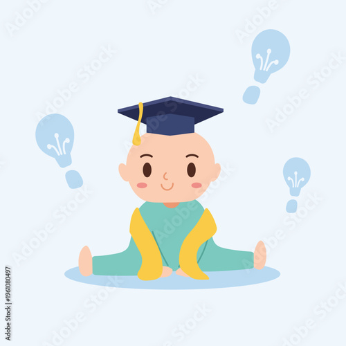 Cute baby wearing graduation cap with light bulb icons illustration. Smart infant celebrating early education success. Flat vector character for genius child concept.
