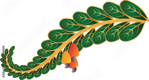 Sri Lankan Erabadu Flower Branch Vector – Traditional Sinhala New Year Floral Symbol with Green Leaves and Red Blossoms