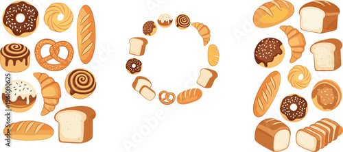 Bakery products collection with bread, croissants, donuts and pastries arranged in circle composition, baked goods vector illustration set