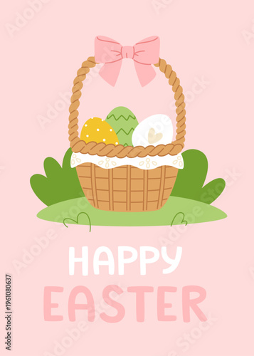 Easter banner with egg in the basket. Cute easter congrats poster with painted eggs.
