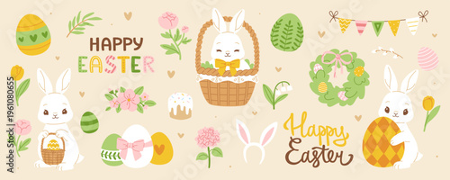 Cute easter set with adorable bunny. Easter vintage collection. Cottagecore easter bundle.