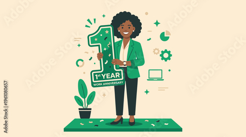 Work Anniversary of a Professional Black Woman Celebrating Her First Year with Confetti and Business Icons Illustration