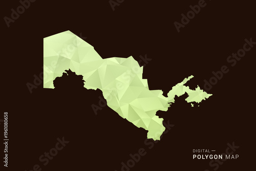 Uzbekistan Map - Low poly polygon map in soft light green gradient on dark brown background, modern minimal geometric style, clean abstract vector illustration design.
