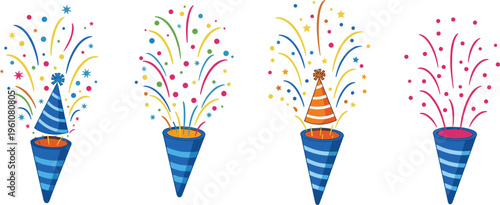 Party popper collection with colorful confetti bursts, festive celebration elements for birthday and event decoration vector illustration set
