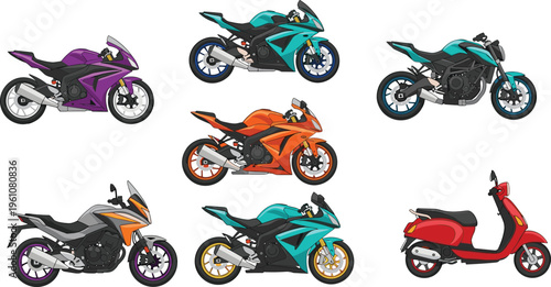 Collection of colorful cartoon motorcycle and scooter illustrations including sport bikes, cruiser motorcycles, and vintage scooters, perfect for transportation, automotive, gaming, education