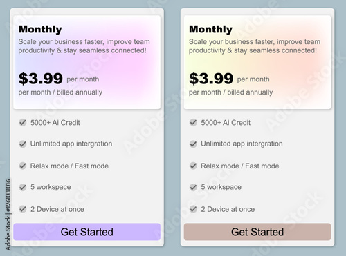 Modern pricing table UI design, monthly subscription plan cards for SaaS website, clean user interface vector with gradient headers and call to action buttons isolated on Transparent Background