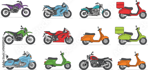 Collection of colorful motorcycle and scooter illustrations including sport bikes, cruisers, dirt bikes, and storage scooters, perfect for transportation, automotive, recreation, education