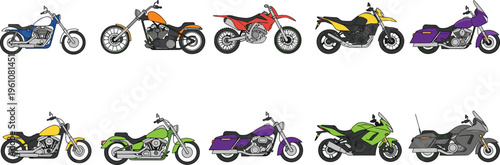 Collection of colorful motorcycle illustrations including cruiser, sport, touring, and dirt bike designs with accessories, perfect for transportation, automotive, education, gaming, and creative 