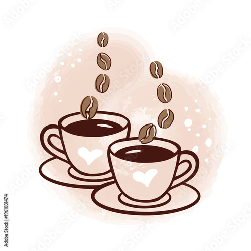 Two cups of hot coffee with white hearts on them and roasted coffee beans falling into the mugs. Vector sketch in brown and beige tones, perfect for coffee shop menus, morning rituals, or romantic