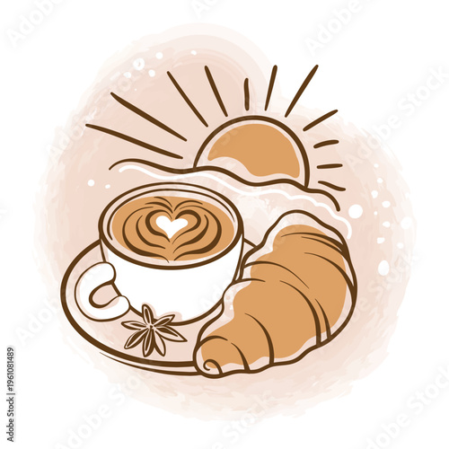 Vector illustration of a delicious breakfast with a cup of cappuccino and a fresh croissant. Features latte art heart, star anise, and sun background. Hand-drawn doodle for morning routine concept