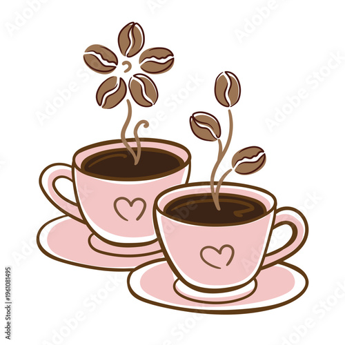 Cute hand-drawn vector illustration of two pink coffee cups with hearts and blooming coffee bean flowers. Concept of romantic breakfast, love, and morning energy