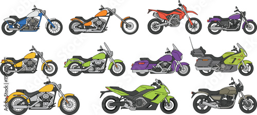 Collection of colorful motorcycle illustrations including cruiser, sport, touring, and dirt bike designs, perfect for transportation, automotive, gaming, education, comparison, and creative artwork 