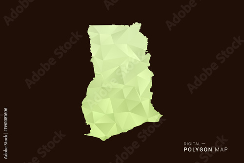 Ghana Map - Low poly polygon map in soft light green gradient on dark brown background, modern minimal geometric style, clean abstract vector illustration design.