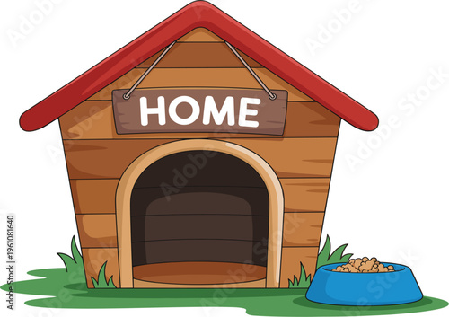 Cartoon dog house with food bowl illustration, wooden pet shelter isolated for animal care design
