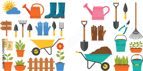Gardening tools and equipment collection with watering cans, shovel, rake, plants and wheelbarrow, garden work elements vector illustration set