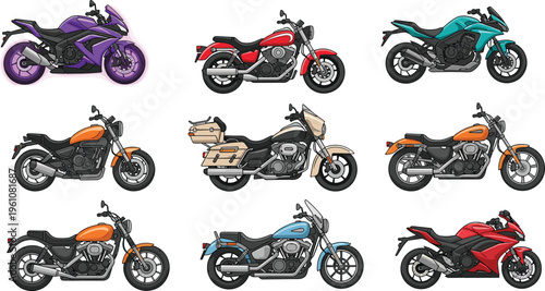 Collection of colorful motorcycle illustrations including sport bikes, cruisers, touring motorcycles, and dirt bikes, perfect for transportation, recreation, education, automotive, gaming