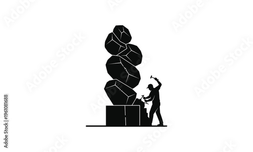 A determined individual dismantling an imposing stone structure with a hammer and chisel