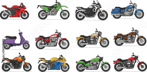Collection of colorful motorcycle illustrations including sport bikes, cruisers, dirt bikes, touring motorcycles, and scooters, perfect for transportation, recreation, education, automotive