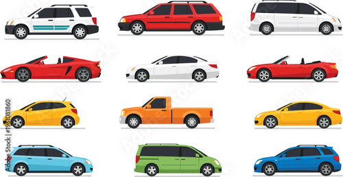 Collection of colorful side‑profile car illustrations including SUVs, sedans, convertibles, minivans, hatchbacks, and pickup trucks, perfect 