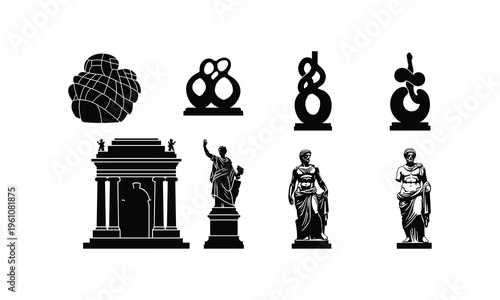 Iconic symbols and statues representing classical antiquity and modern abstract art forms
