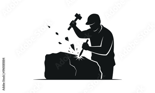 Black and white illustration of a craftsman chiseling stone with a hammer and chisel.