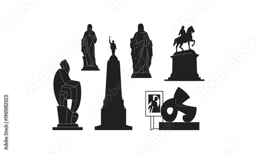 Diverse styles of iconic public statues and sculptures in silhouette